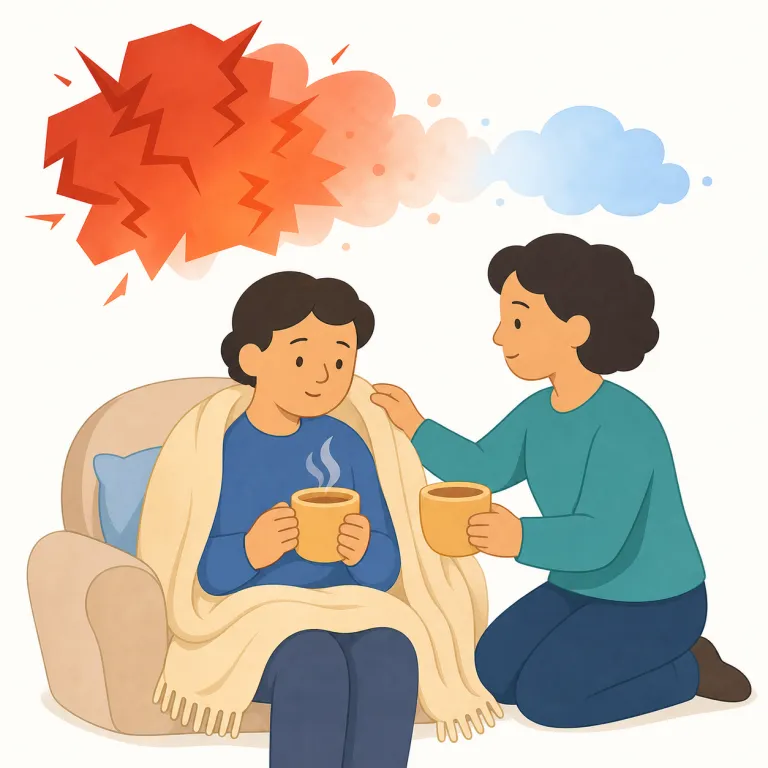 assuage（和らげる・動詞）の覚え方イラスト — assuage は ease や alleviate に近く、「強さを下げて楽にする」と考えると覚えやすい語です