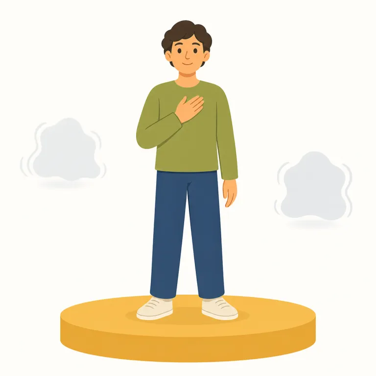 assured（確信している・形容詞）の覚え方イラスト — この意味の assured は、人が疑わずに「確信している」状態や、態度が落ち着いて自信に満ちている様子を表します
