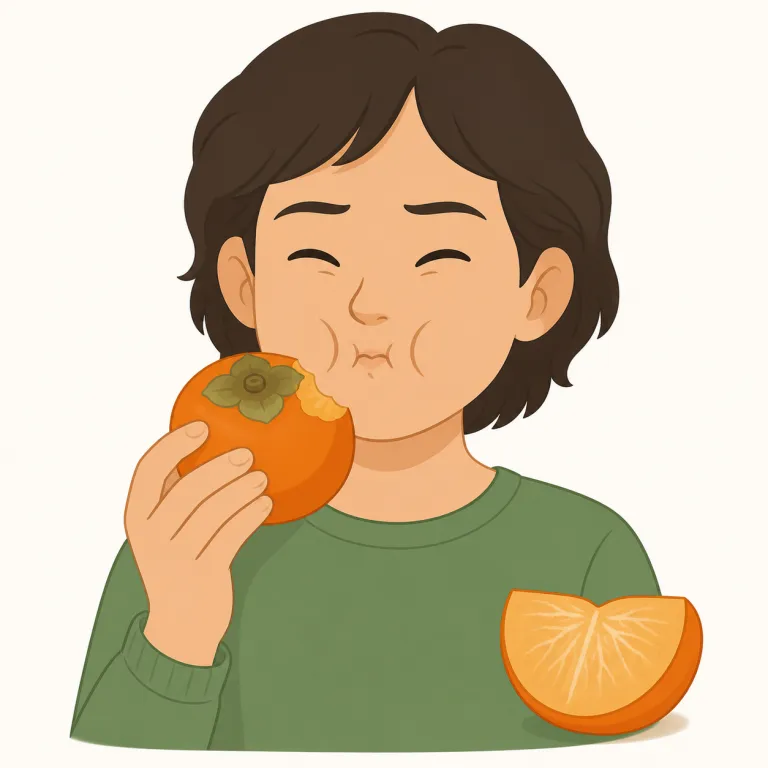 astringent（渋い・形容詞）の覚え方イラスト — 未熟な柿をかじったあと、口の内側が乾いて動かしにくくなる感覚を astringent と結びつけると、bitter や sour と混同しにくくなります