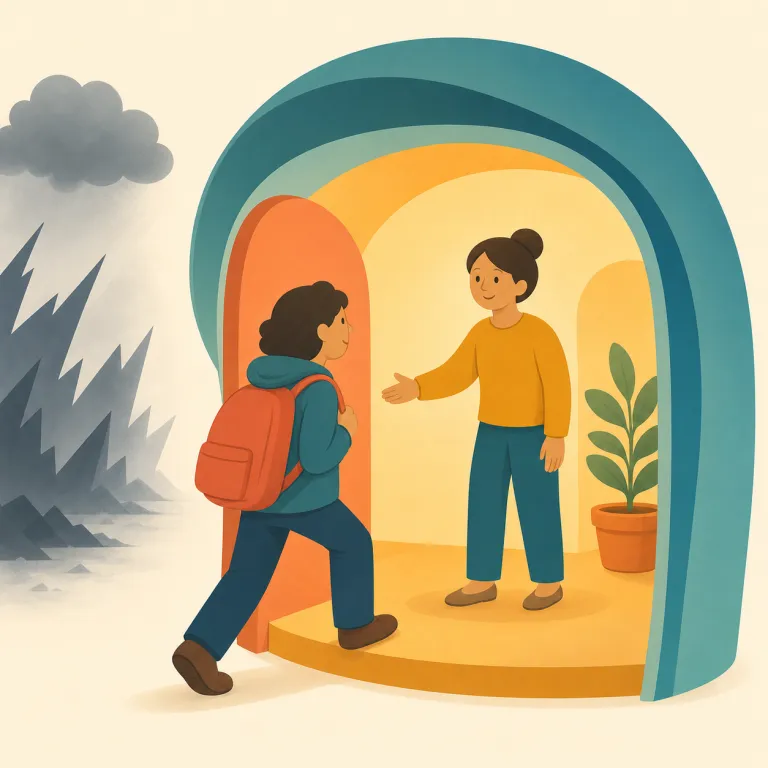 asylum（亡命・名詞）の覚え方イラスト — 細かい語源より、まず「安全な場所・公的な保護」とセットで覚えると定着しやすい語です