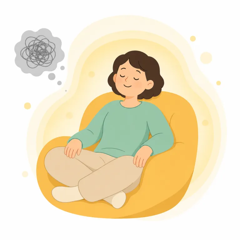 at ease（くつろいで・イディオム）の覚え方イラスト — ease は easy と同じ系統で、中心には「負担が少ない、楽である」という感覚があります