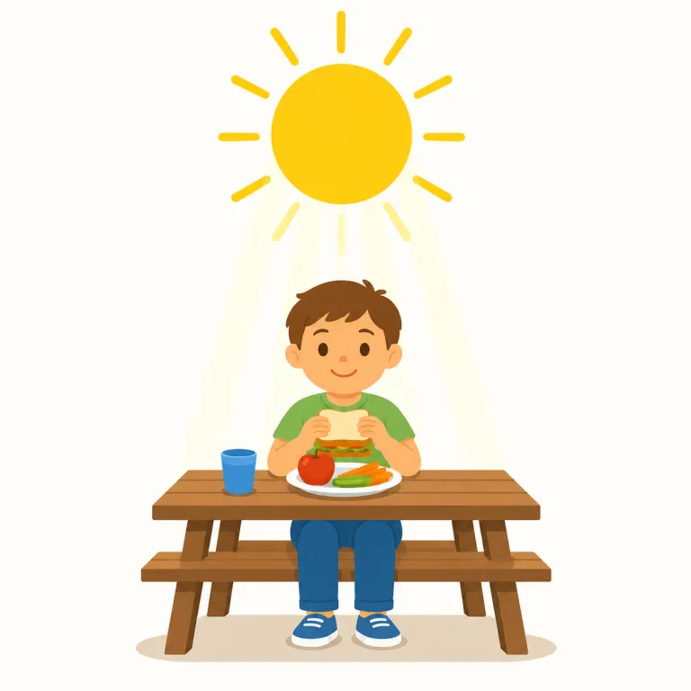at noon（正午・イディオム）の覚え方イラスト — 覚える軸は at＋時点です