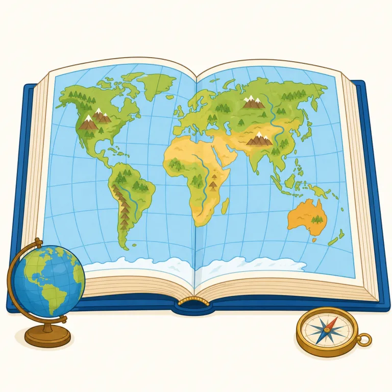 atlas（地図帳・名詞）の覚え方イラスト — map は1枚の地図、atlas はそれを何枚もまとめた「本」とセットで覚えると定着します