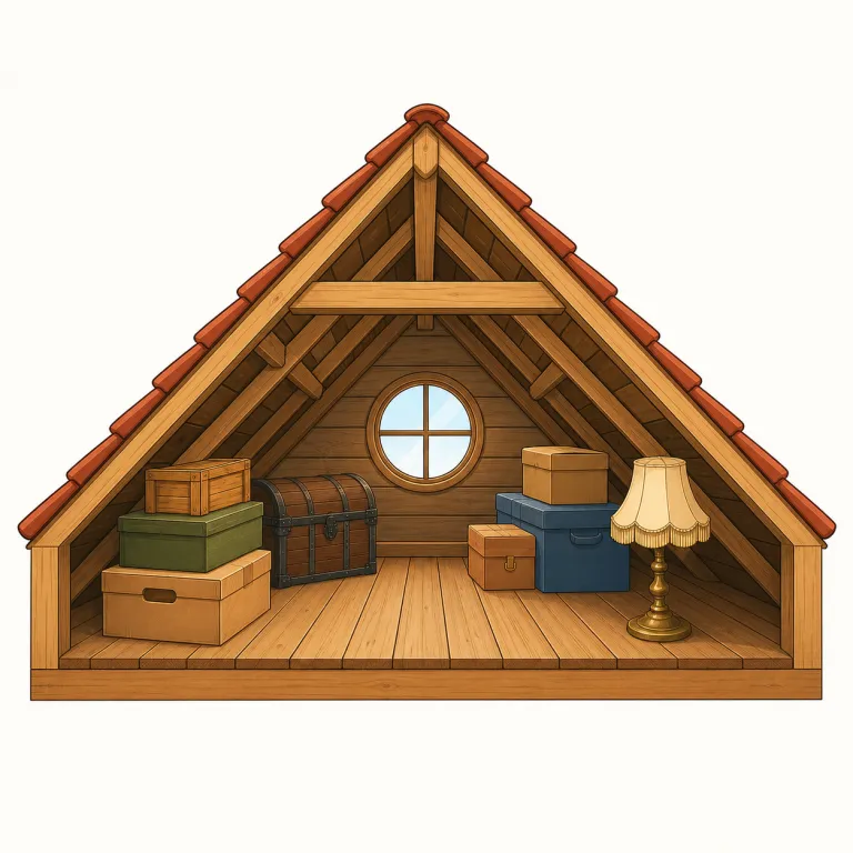 attic（屋根裏部屋・名詞）の覚え方イラスト — attic は家の「いちばん上」にある空間だと、位置イメージで覚えると残りやすいです