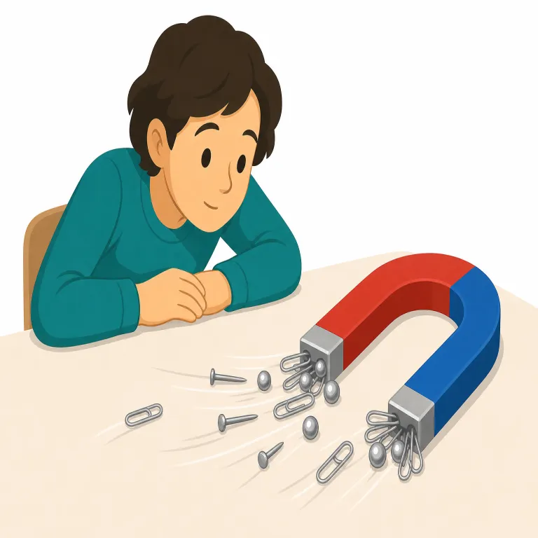 attraction（魅力・名詞）の覚え方イラスト — attract「引きつける」に -ion が付いた語で、ここでは人の注意や好意をこちらへ向かわせる「心の引力」と考えると覚えやすいです