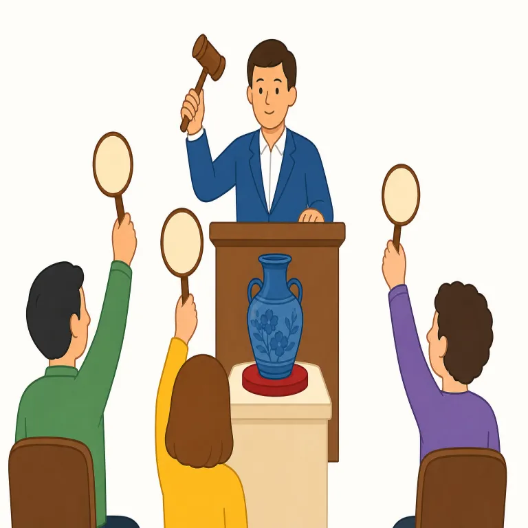 auction（競売・名詞）の覚え方イラスト — auction はまず noun の「オークション」を思い出すと定着しやすく、verb では「〜を競売にかける」