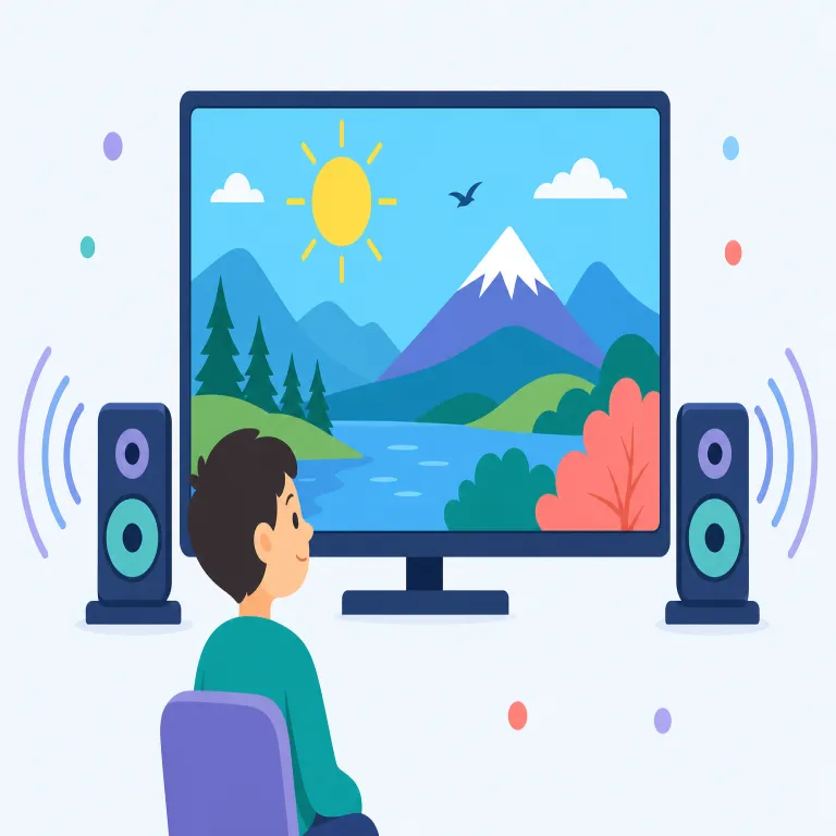 audiovisual（視聴覚の・形容詞）の覚え方イラスト — audio「音声」と visual「視覚」をそのまま結んだ語なので、耳と目を同時に使う場面を思い浮かべると定着しやすいでしょう