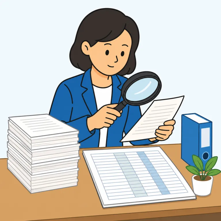 audit（監査する・動詞）の覚え方イラスト — audit は audio や audience と同じく『聞く』系の形を持つので、まずは『説明をただ読むのでなく、報告を聞き取りながら中身を細かく確かめる』場面を思い浮かべると定着しや…