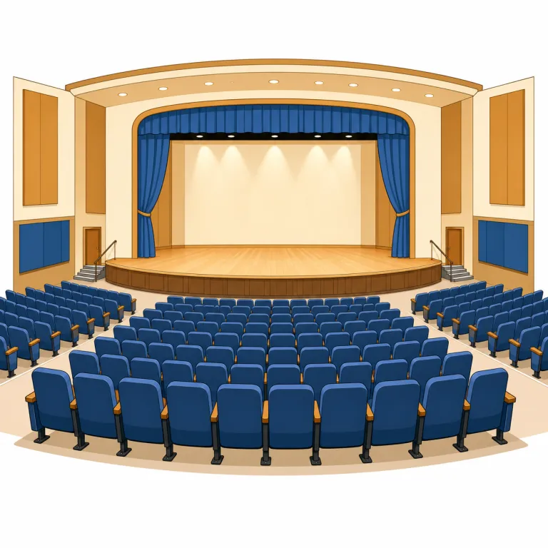 auditorium（講堂・名詞）の覚え方イラスト — auditorium は aud-「聞く」と結びつけると、話や音楽を聞くために人が集まる大きな室内空間だと整理できます