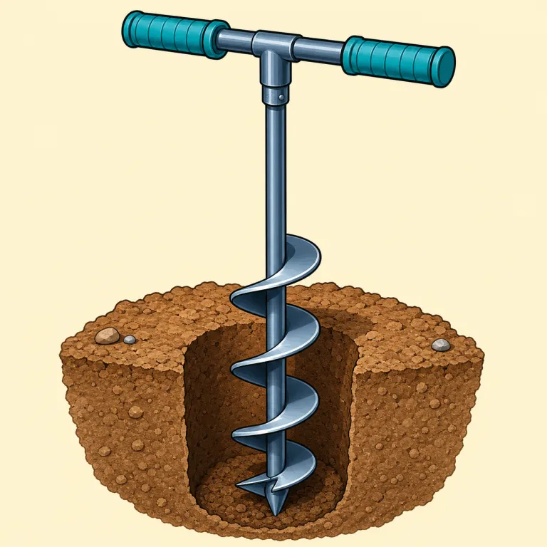 auger（オーガー、らせん式穴掘り具・名詞）の覚え方イラスト — auger は broad な drill の一種として覚えるとよい語です