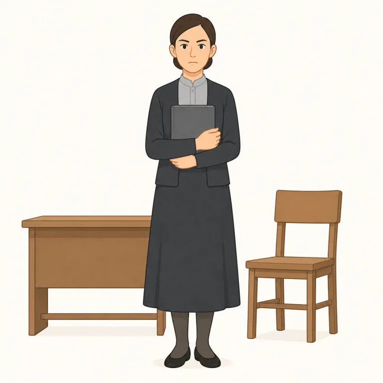 austere（質素な・形容詞）の覚え方イラスト — austere は simple や plain より硬い語で、「余計な飾りや快適さをそぎ落とした」感じを出します