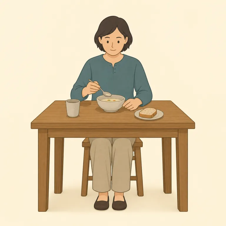 austerely（質素に・副詞）の覚え方イラスト — austere「質素な、厳格な」に -ly を付けた副詞で、飾りやぜいたくを意図的に削った様子を表します