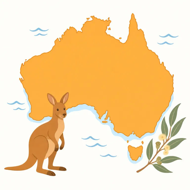 australia（オーストラリア・名詞）の覚え方イラスト — まずは固まりで Australia と覚え、国名の語尾 -ia は geography, India, Arabia など地名でよく見る形だと意識すると残りやすいです