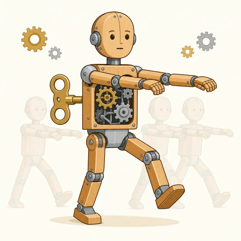 automaton（自動人形、機械のように動く人・名詞）の覚え方イラスト — automatic を知っていれば auto- で「自動」の感覚がすぐ出る