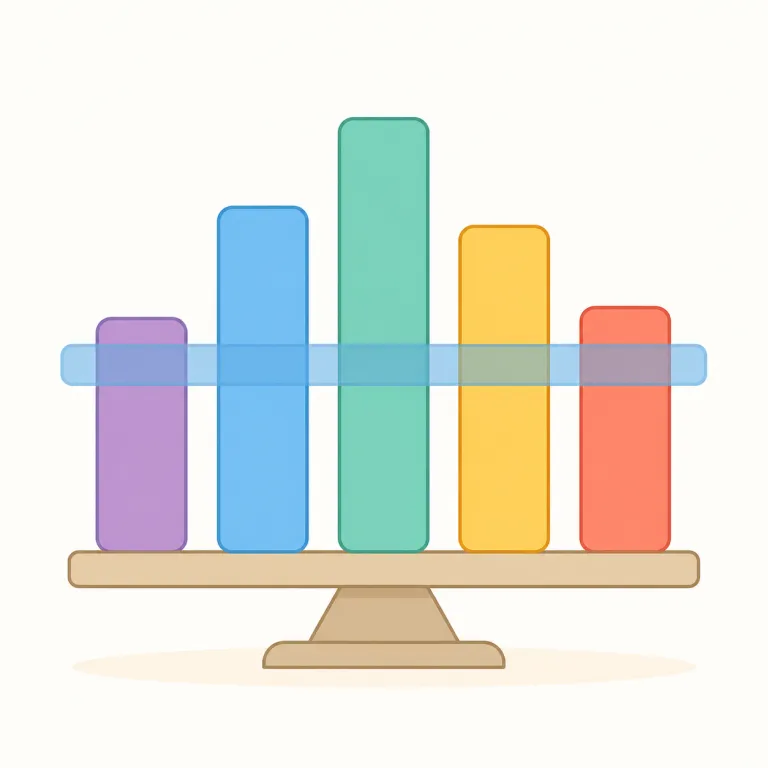 average（平均・名詞）の覚え方イラスト — 名詞の average は、ばらばらの数を一つの目安に圧縮した値です