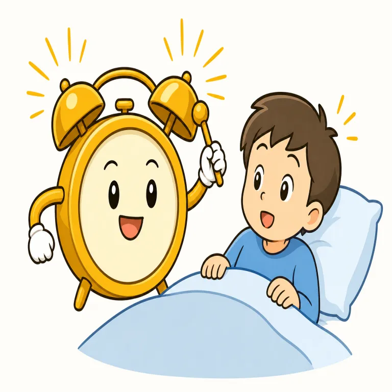 awaken（目覚めさせる・verb）の覚え方イラスト