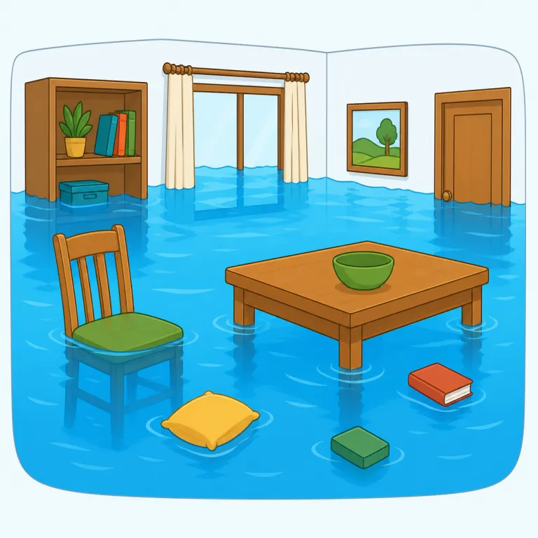 awash（水浸しの・形容詞）の覚え方イラスト — awash の中に wash「洗う」が見えるので、水が面全体を洗うように広がっている場面を思い浮かべると覚えやすいです