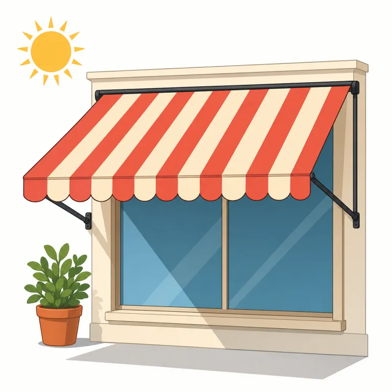 awning（日よけ・名詞）の覚え方イラスト — awning は店先・窓・玄関の上に張り出している布や簡易屋根を思い浮かべると定着しやすい語です