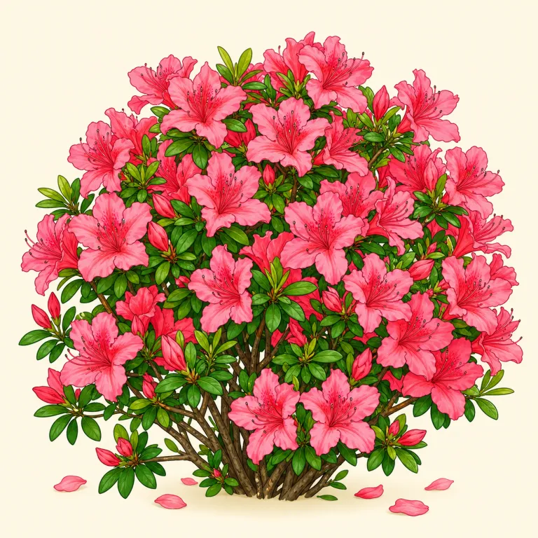 azalea（ツツジ・名詞）の覚え方イラスト — azalea は parts から意味を当てにくいので、無理に分解せず「春の庭にまとまって咲く観賞用の低木の花」という場面で覚えるのが近道です