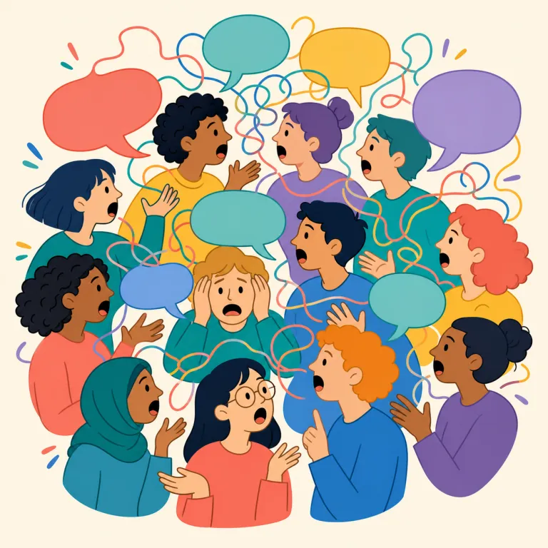babel（騒がしい声、ざわめき・名詞）の覚え方イラスト — babel は babble（ぺちゃくちゃ話す、意味不明に話す）と音もつづりも近い語です