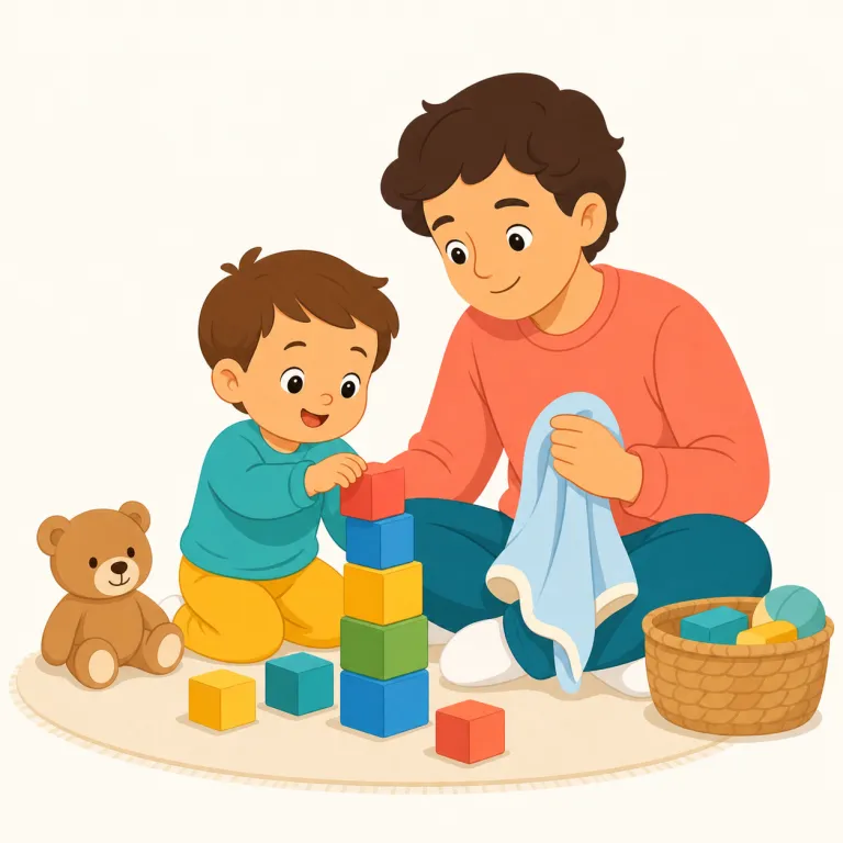 babysit（子守りする・動詞）の覚え方イラスト — baby（赤ちゃん）＋ sit（座る）で、「親の留守中に子どものそばに座って見守る」場面をそのまま一枚の絵にすると覚えやすい