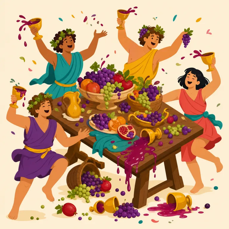 bacchanal（酒宴・乱痴気騒ぎ・名詞）の覚え方イラスト — bacchanal は、上品な party や banquet ではなく、酒が入って理性のタガが外れた「飲んで騒ぐ祝宴」を思い浮かべると残りやすい語