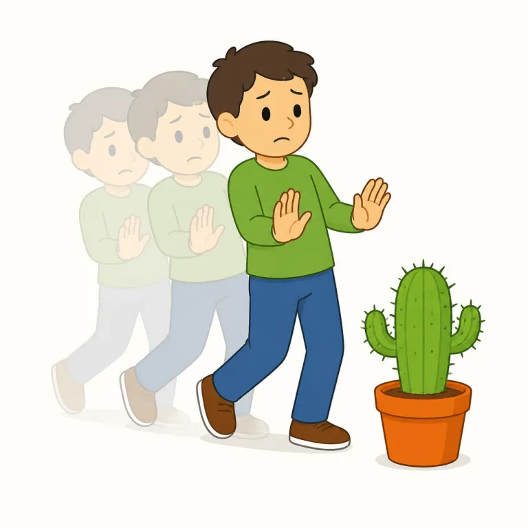 back away（後退する・句動詞）の覚え方イラスト — back は「後ろ」、away は「離れて」