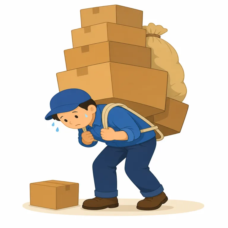 backbreaking（骨の折れる・形容詞）の覚え方イラスト — back + breaking で「背中が壊れるほど」と分けると覚えやすい