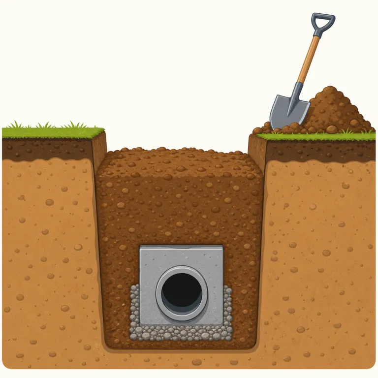 backfill（埋め戻す・動詞）の覚え方イラスト — backfill は back「元の場所へ」+ fill「満たす」で、掘った穴や溝を土・砂利などで埋め戻す動作を表します