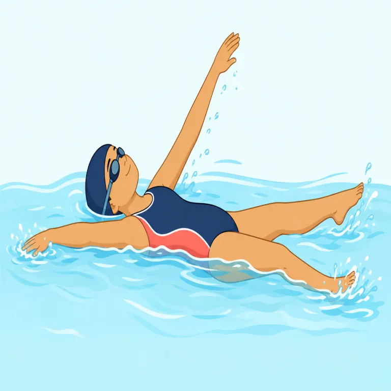 backstroke（背泳ぎ・名詞）の覚え方イラスト — back + stroke で「背中側のひとかき」と分解すると覚えやすいです