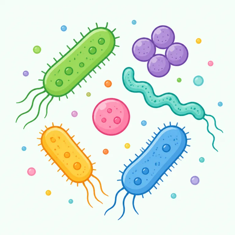 bacteria（細菌・名詞）の覚え方イラスト — bacteria は医療・生物の文脈で頻出するので、単独で暗記するより bacterial infection（細菌感染）、gut bacteria（腸内細菌）、good/bad ba…