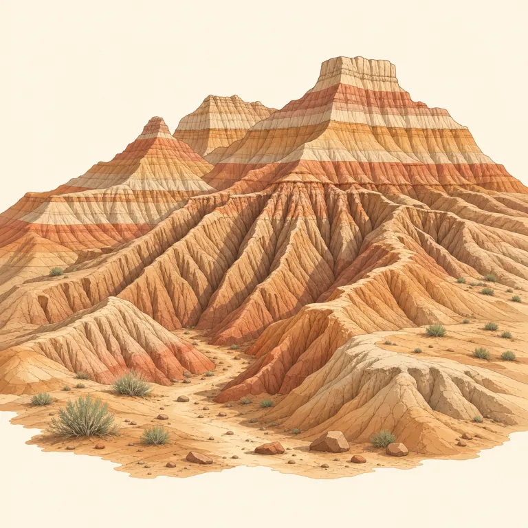 badlands（悪地帯・名詞）の覚え方イラスト — bad + lands で、まず「住むにも通るにも条件の悪い土地」と大づかみに覚えると定着しやすいです