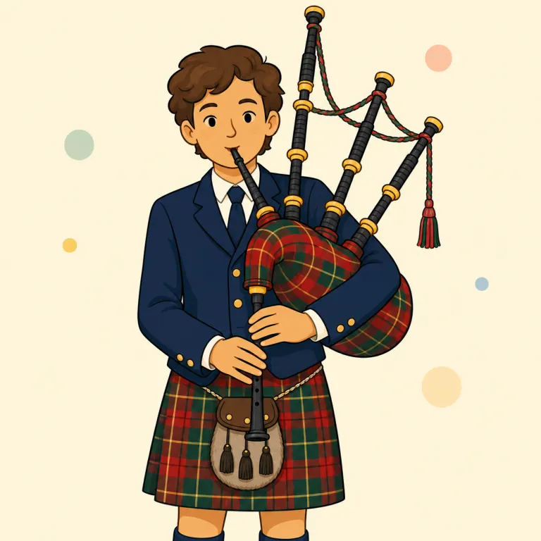 bagpipes（バグパイプ・名詞）の覚え方イラスト — bag + pipes で「袋に空気をため、複数の管を鳴らす楽器」と分けると、見た目と仕組みがそのまま浮かぶ