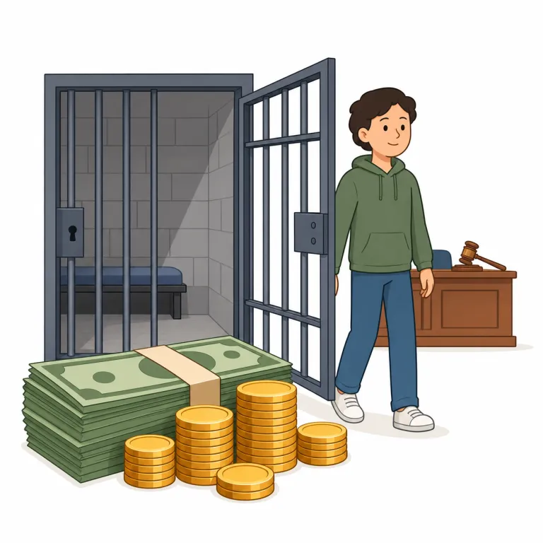 bail（保釈金・名詞）の覚え方イラスト — 金額を「刑罰」ではなく「戻ってくる保証金」として覚えるのが要点です