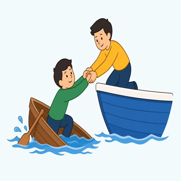 bail out（救済する・句動詞）の覚え方イラスト — bail out は out「外へ」が手がかりで、危機や困った状態から相手を外へ出してやる比喩として覚えます