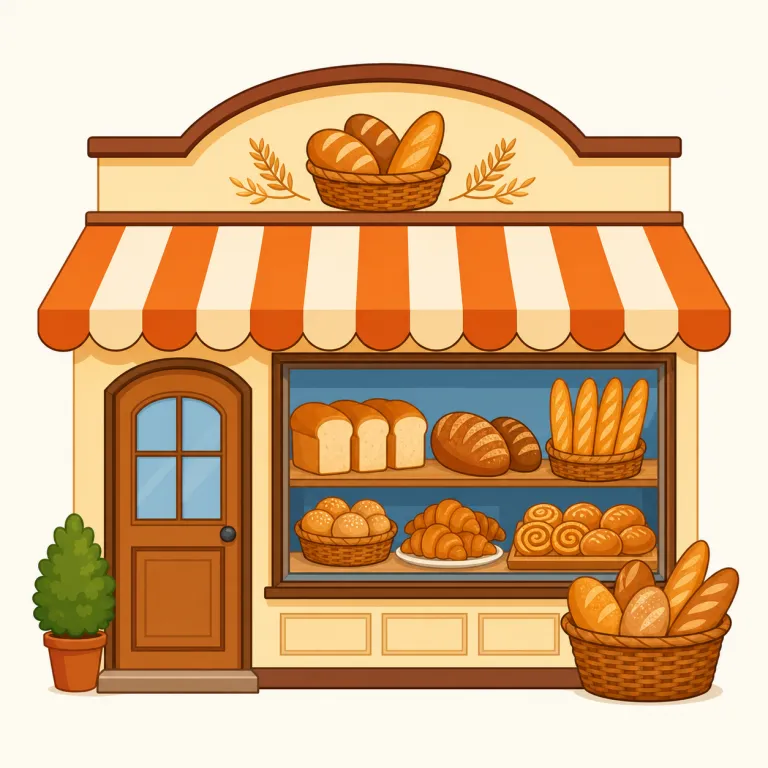 bakery（パン屋さん・名詞）の覚え方イラスト — この bakery は「パン屋さん」、つまりパンや焼き菓子を売る店を指す意味です
