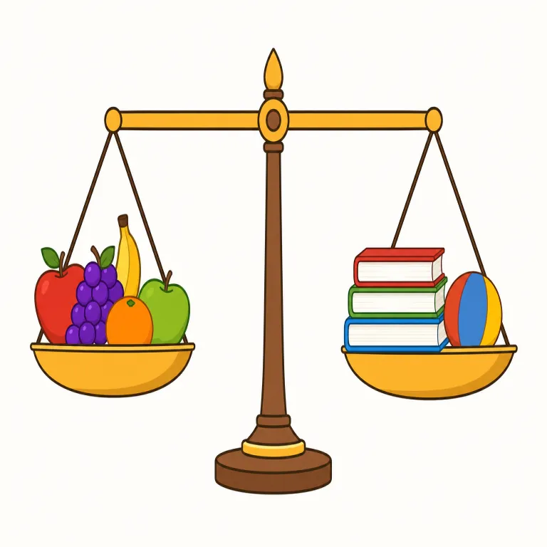 balanced（バランスのとれた・形容詞）の覚え方イラスト — このエントリの balanced は、意見の公平さではなく、複数の要素がうまく配分されて全体として整っている状態を表します