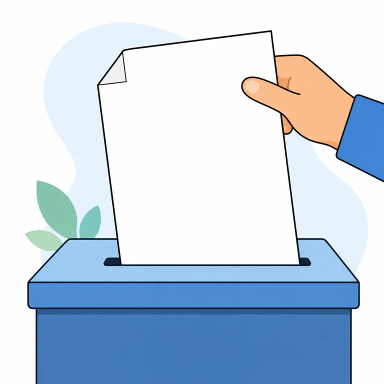 ballot（投票用紙・名詞）の覚え方イラスト — vote が「投票する／票」という最も広い語だとすると、ballot は「実際に記入して投じる票・投票用紙」という具体的な場面つきで覚えると定着します