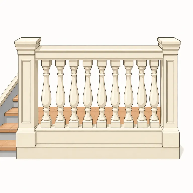 balustrade（欄干・名詞）の覚え方イラスト — balustrade は handrail や railing より建築・装飾寄りの語で、「ただの手すり」ではなく、階段やバルコニーで小さな支柱がずらっと並び、その上に手すりが載っ…