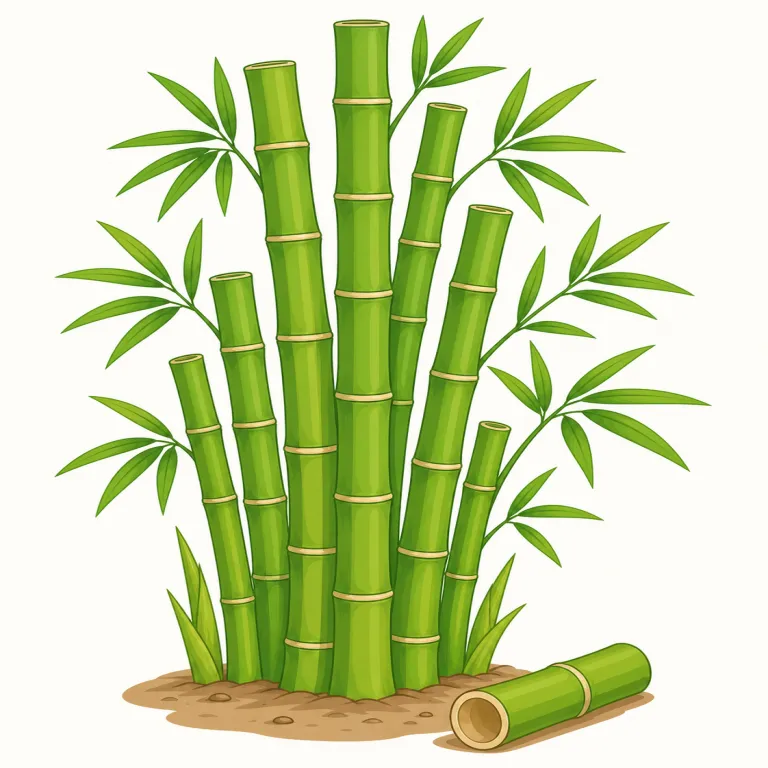 bamboo（竹・名詞）の覚え方イラスト — bamboo は、まず『パンダが食べる、節のあるまっすぐな植物』の映像で固めると残りやすいです
