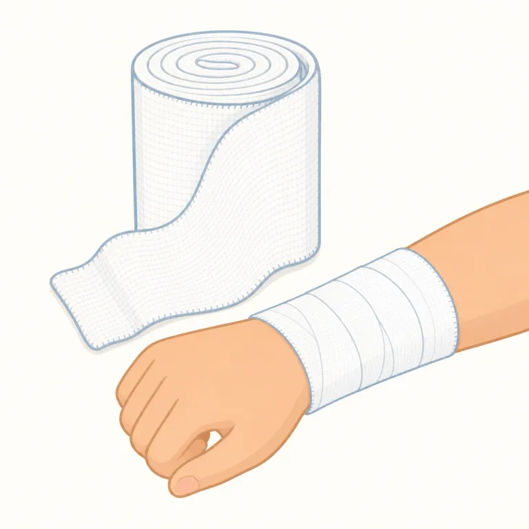 bandage（包帯・名詞）の覚え方イラスト — bandage は「細長く巻くもの」としての band のイメージから、傷を守る布を思い浮かべると覚えやすい語です