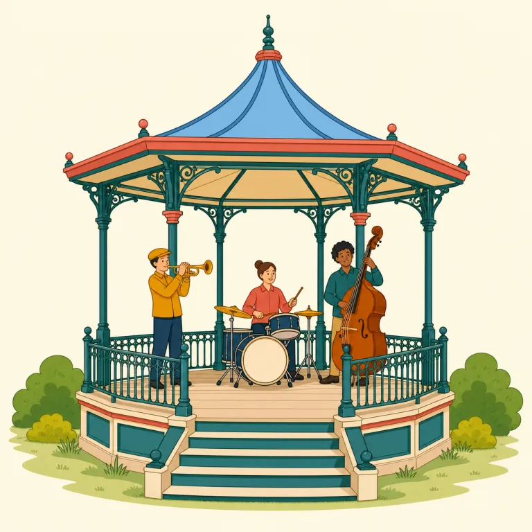 bandstand（野外ステージ・名詞）の覚え方イラスト — band は「バンド・楽団」、stand は「立つ台・立ち場所」と分けると覚えやすい語