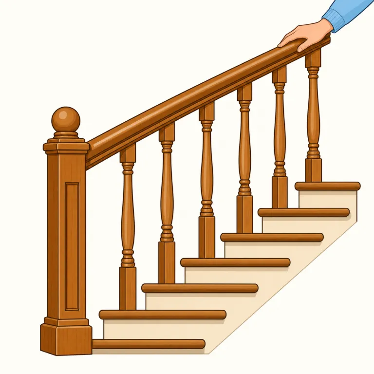 banister（手すり・名詞）の覚え方イラスト — まず「階段で手でつかむもの」と場面で固定すると覚えやすい語です