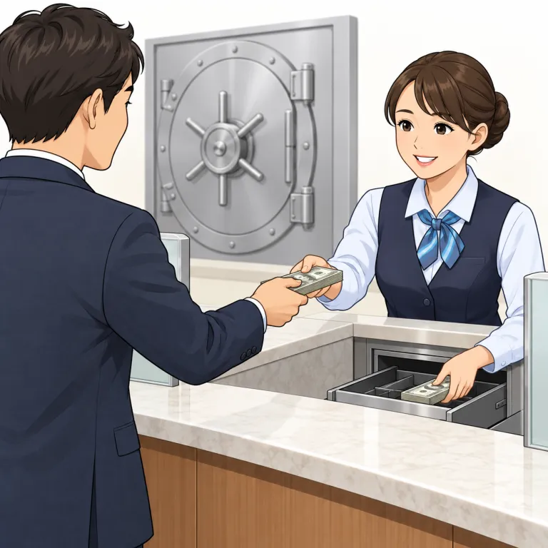 bank（預金する・verb）の覚え方イラスト