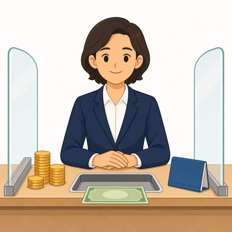 banker（銀行員・名詞）の覚え方イラスト — banker は bank に「人」を表す -er が付いた形なので、銀行という場所で専門的に働く人を連想すると覚えやすいです