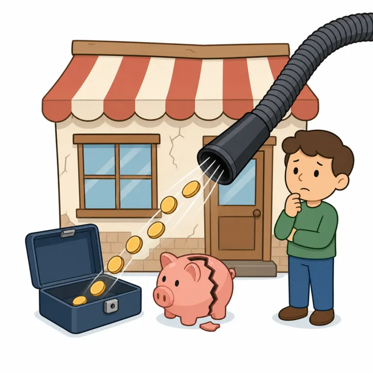 bankrupting（破産させる・動詞）の覚え方イラスト — まず bankrupt を「お金が尽きて完全に立ち行かない状態」として押さえると、bankrupting は「その状態へ追い込む動き」だと覚えやすいです