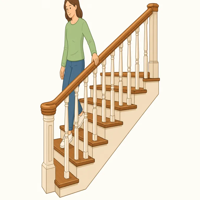 bannister（手すり・名詞）の覚え方イラスト — bannister は「階段で手を添える手すり」として、動作の場面ごと覚えると定着します