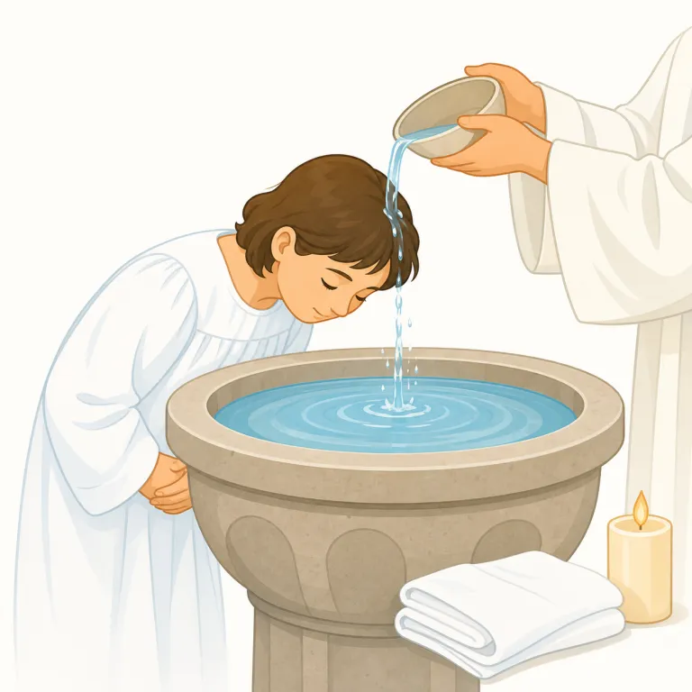 baptismal（洗礼の、洗礼式の・形容詞）の覚え方イラスト — baptismal は、まず名詞 baptism（洗礼）を先に覚え、そこに -al が付いて「洗礼に関する」という形容詞になると見ると定着しやすい
