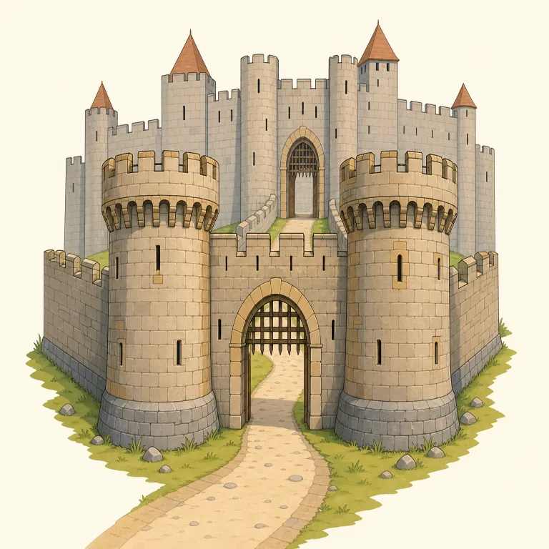 barbican（城門の防塔・名詞）の覚え方イラスト — barbican は日常語ではないので、城・要塞の防御語彙セットでまとめて覚えると残りやすいです