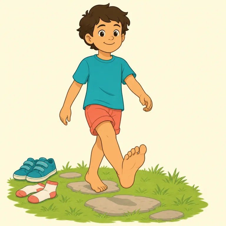 barefoot（裸足で・副詞）の覚え方イラスト — bare をまず「何も覆っていない」の核で覚えるとよいです